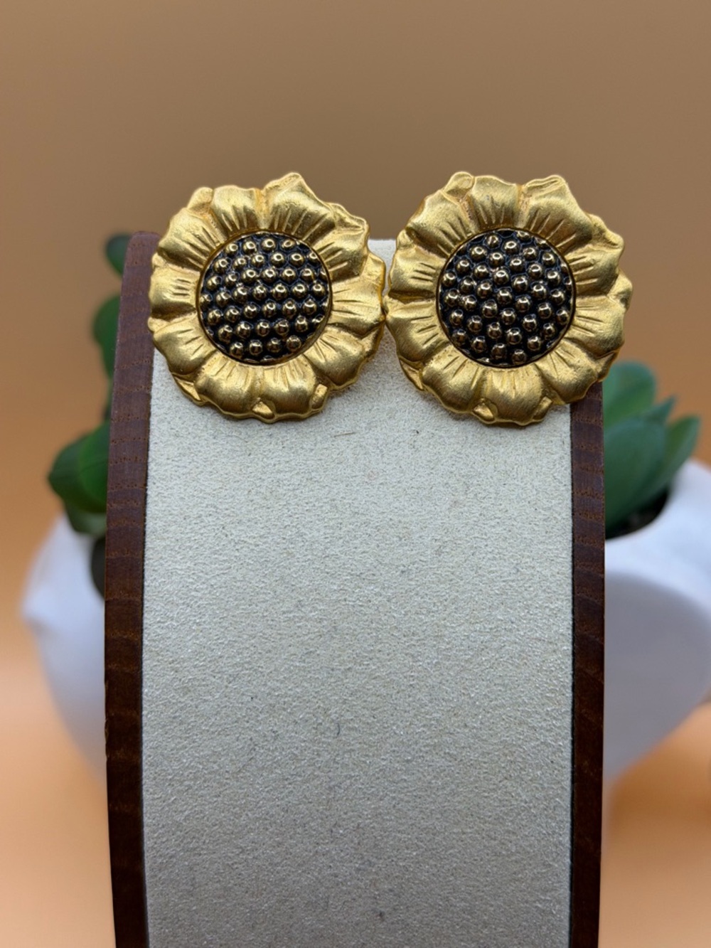 Gold Sunflower clip on Earrings - vintage